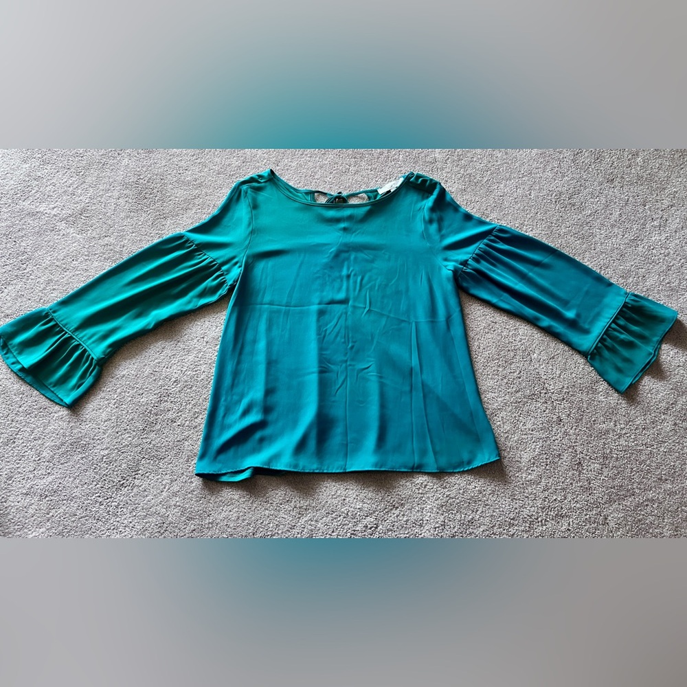 LOFT Green Blouse with 3/4 Length Sleeves with Ruffle detail